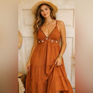 Love Tree  Boho Terracotta Maxi Dress with Shell Beading – Free Spirit Style NWT